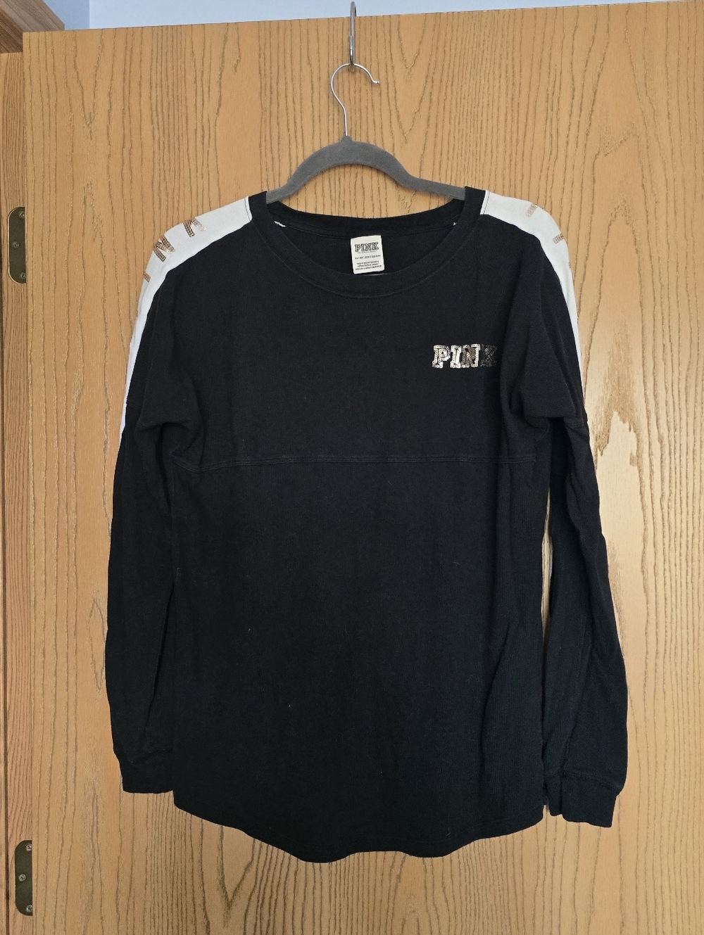 PINK Victoria's Secret Bling Long Sleeve Tee with White Shoulder Panels